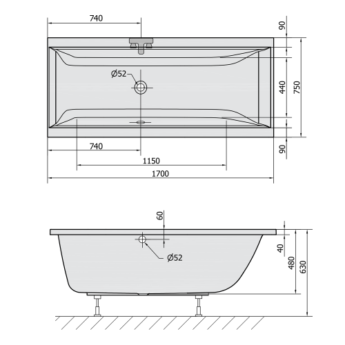 Wanna akrylowa prostokątna 170 x 75 cm czarny mat CLEO 94611.21 Polysan  rysunek