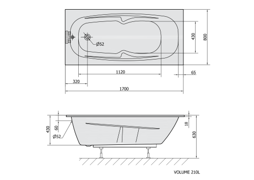Wanna akrylowa prostokątna 170x80 cm KAMELIE SLIM 35111S Polysan rysunek