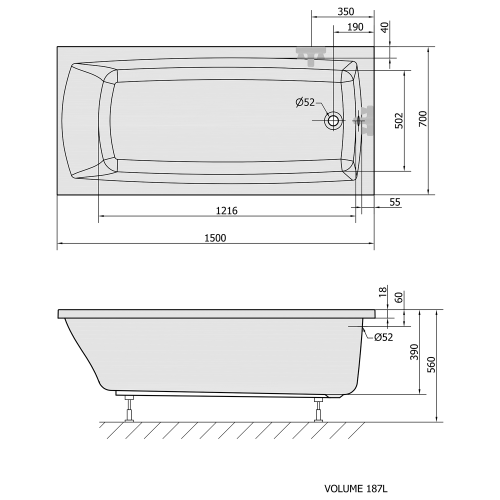 Wanna akrylowa prostokątna 150x70 cm LILY SLIM 72273S Polysan rysunek