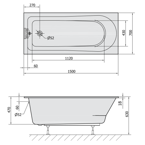 Wanna akrylowa prostokątna 150x70 cm LISA SLIM 85111S Polysan rysunek