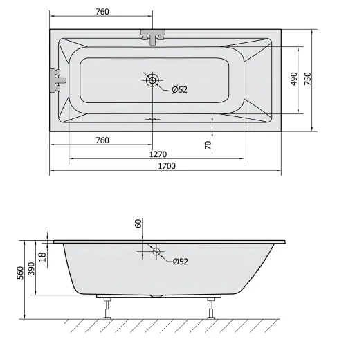 Wanna akrylowa prostokątna 170x75 cm MIMOA SLIM 71709S Polysan rysunek