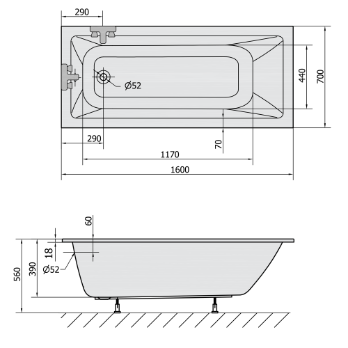 Wanna akrylowa prostokątna 160x70 cm NOEMI SLIM 71707S Polysan rysunek