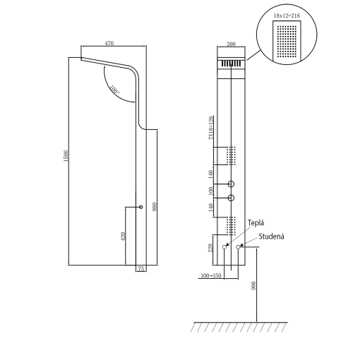 Panel prysznicowy z baterią biały JACOB WN682 Sapho rysunek