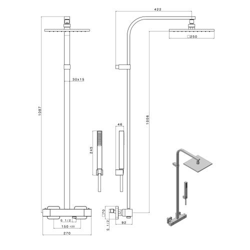Zestaw prysznicowy z baterią termostatyczną czarny mat DIMY DM322BL Sapho rysunek