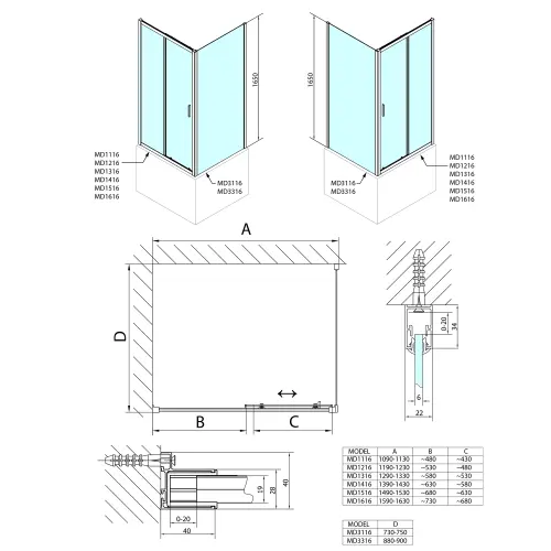 DEEP Kabina prysznicowa narożna prostokątna 150x75x165 cm MD1516MD3116 Polysan  rysunek