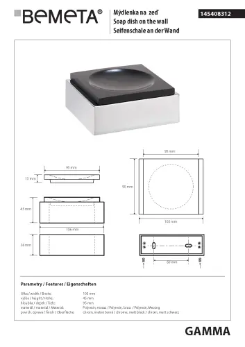 GAMMA Mydelniczka czarna 145408312 Bemeta Rysunek techniczny i wymiary