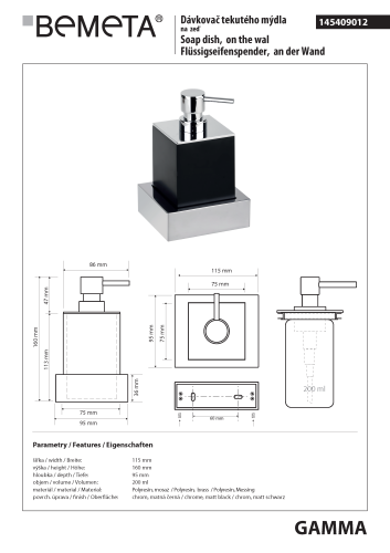 GAMMA Dozownik do mydła czarny 200 ml 145409012 Bemeta wymiary