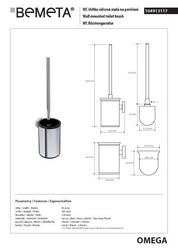 OMEGA Szczotka WC wisząca czarna 104913117 Bemeta wymiary