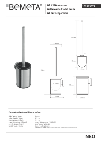 NEO Szczotka WC wisząca czarna 102313079 Bemeta wymiary
