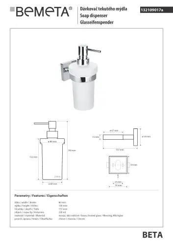Dozownik do mydła 230 ml BETA 132109017 Bemeta wymiary