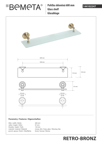 Półka szklana 60 cm brąz RETRO 144102247 Bemeta wymiary.png
