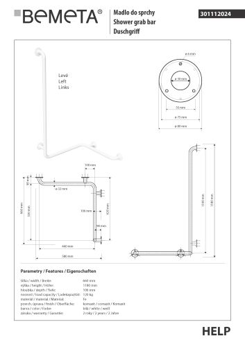 Poręcz pod prysznic z pionową podporą kolor biały HELP lewa 301112024 Bemeta wymiary