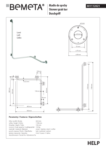 Poręcz pod prysznic z pionową podporą stal nierdzewna HELP lewa 301112021 Bemeta wymiary
