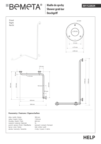 Poręcz pod prysznic z pionową podporą kolor biały HELP prawa 301122024 Bemeta wymiary