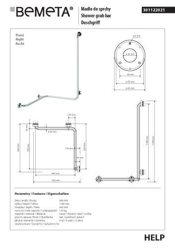 Poręcz pod prysznic z pionową podporą stal nierdzewna HELP prawa 301122021 Bemeta wymiary