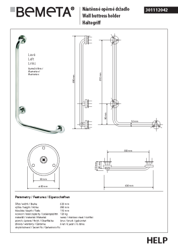 Poręcz kątowa ścienna lewa 63 x 89 cm stal nierdzewna szczotkowana HELP 301112042 Bemeta wymiary