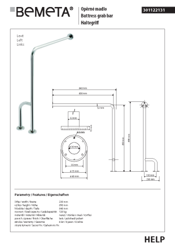 Wspornik przyścienny stal nierdzewna HELP lewy 301112131 Bemeta techniczny