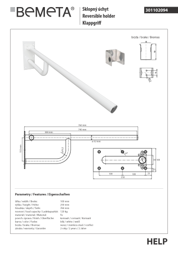 Poręcz składana 76 cm biała HELP 301102094 Bemeta techniczny