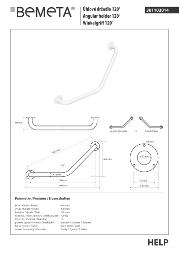 Poręcz kątowa 120 ° biała HELP 301102014 Bemeta wymiary