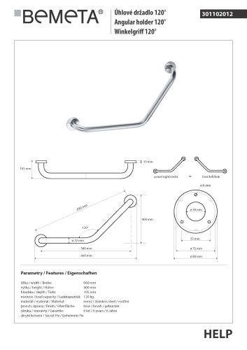 Poręcz kątowa 120 ° stal nierdzewna szczotkowana HELP 301102012 Bemeta wymiary
