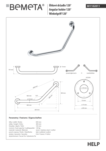 Poręcz kątowa 120 ° stal nierdzewna HELP 301102011 Bemeta wymiary