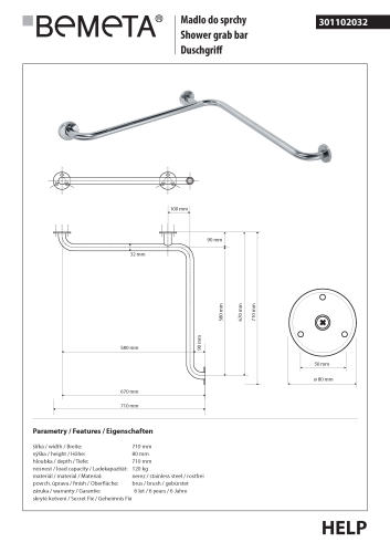 Poręcz pod prysznic stal nierdzewna szczotkowana HELP 301102032 Bemeta techniczny