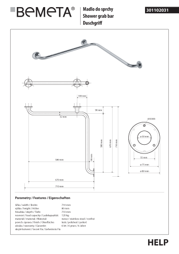Poręcz pod prysznic stal nierdzewna HELP 301102031 Bemeta techniczny