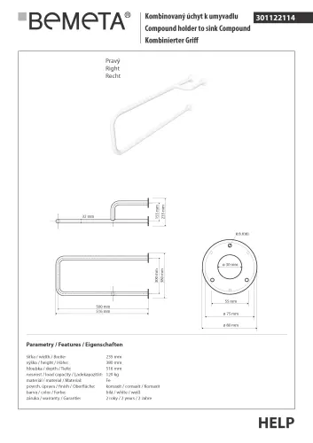 Poręcz umywalkowa prawa 51,6 cm biała HELP 301122114 Bemeta wymiary