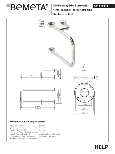 Poręcz umywalkowa prawa 51,6 cm stal nierdzewna szczotkowana HELP 301122112 Bemeta wymiary