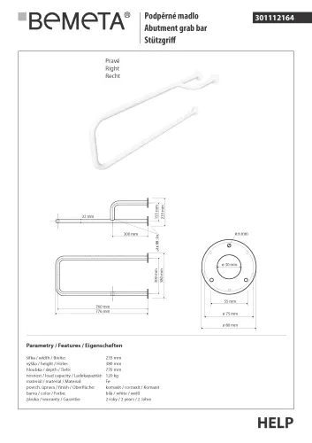 Poręcz umywalkowa prawa 77,6 cm biała HELP 301112164 Bemeta wymiary