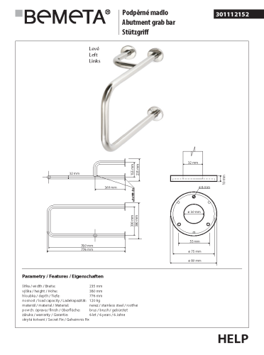 Poręcz umywalkowa lewa 77,6 cm stal nierdzewna szczotkowana HELP 301112152 Bemeta wymiary