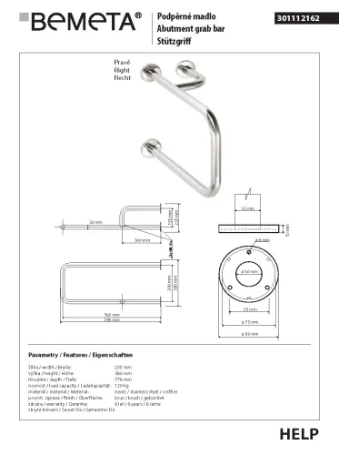 Poręcz umywalkowa prawa 77,6 cm stal nierdzewna szczotkowana HELP 301112162 Bemeta wymiary