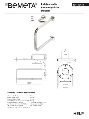 Poręcz umywalkowa lewa 77,6 cm stal nierdzewna HELP 301112151 Bemeta wymiary