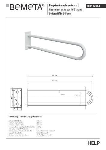 Poręcz typu U 82,9 cm biała HELP 301102064 Bemeta wymiary
