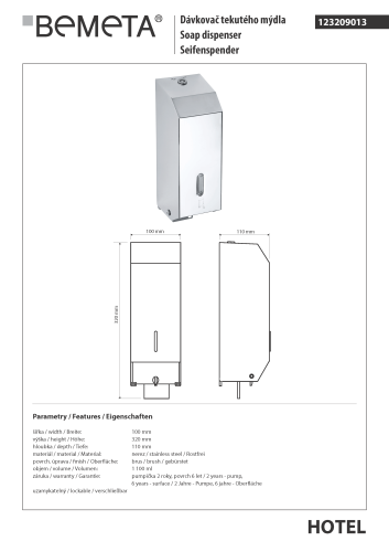 Dozownik do mydła matowy 1100 ml NEO 123209013 Bemeta karta produktu