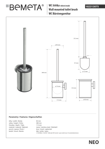 Szczotka WC wisząca NEO biała 102313075 Bemeta wymiary