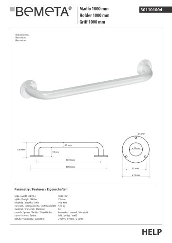 Poręcz prosta 100 cm biała HELP 301101004 Bemeta wymiary