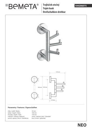 Wieszaczek potrójny obrotowy NEO 104206075 Bemeta wymiary