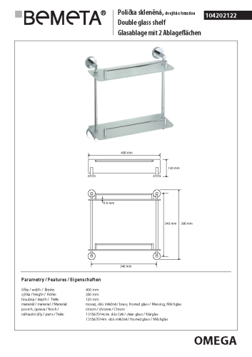 Półka szklana podwójna z relingiem 40 x 38 x 12 cm OMEGA 104202122 Bemeta wymiary