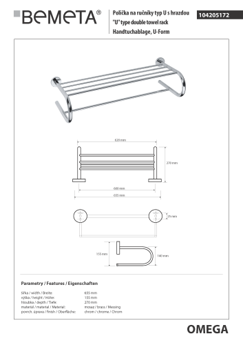 Półka na ręczniki z relingiem 65,5 cm OMEGA 104205172 Bemeta wymiary