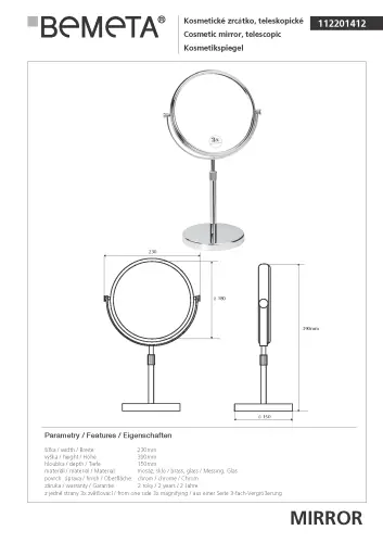 Lusterko kosmetyczne stojące Ø 180 mm 112201412 Bemeta wymiary