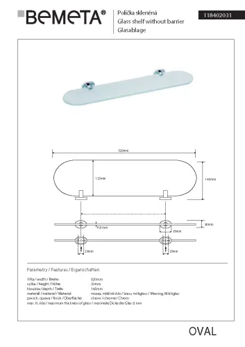 Półka szklana 52 cm OVAL 118402031 Bemeta wymiary