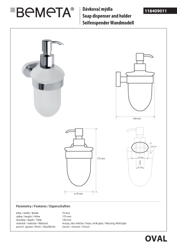 Dozownik do mydła 200 ml OVAL 118409011 Bemeta wymiary