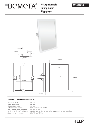 Lustro obrotowe 40 x 60 cm biała rama HELP 301401034 Bemeta wymiary