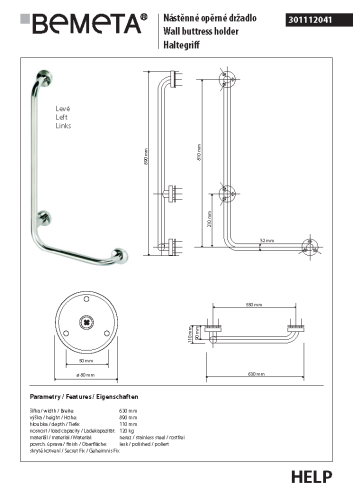 Poręcz kątowa ścienna lewa 89 x 63 cm stal nierdzewna HELP 301112041 Bemeta wymiary