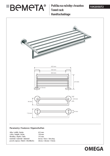 Półka na ręczniki z relingiem 65,5 cm OMEGA 104205072 Bemeta wymiary