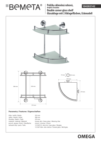 Półka szklana narożna podwójna 25 x 25 cm OMEGA 104202142 Bemeta wymiary
