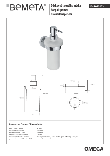 Dozownik do mydła 230 ml OMEGA 104109017 Bemeta wymiary