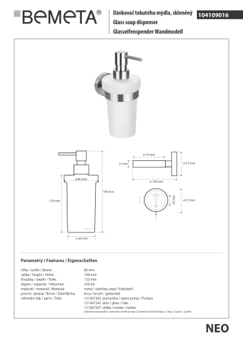 Dozownik do mydła 230 ml NEO 104109016 Bemeta wymiary