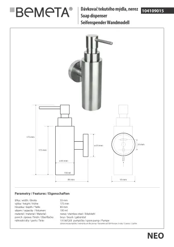 Dozownik do mydła 150 ml NEO 104109015 Bemeta wymiary